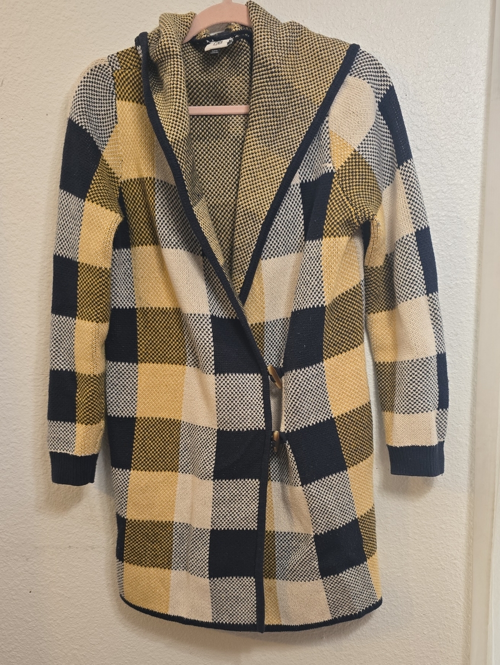 CAbi Hooded Plaid Coatigan in Navy, Yellow & Cream